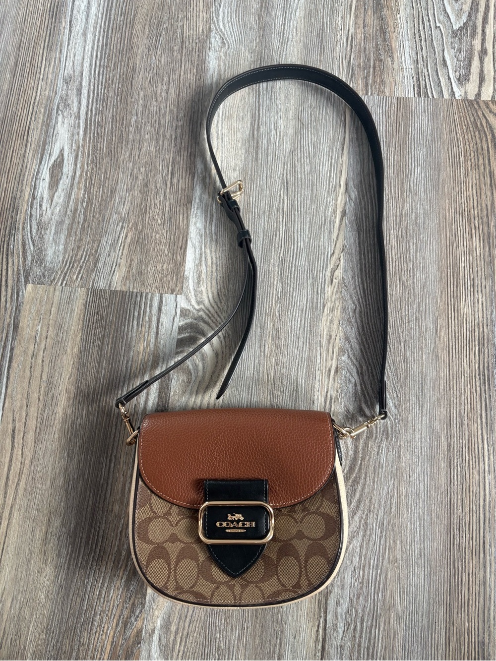 Coach Tan and Brown Signature Saddle Crossbody Bag with Black Trim